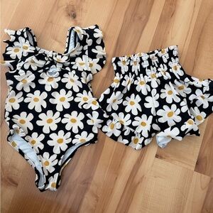 Jessica Simpson Girls Black Daisy One-Piece Swimsuit with Ruffle Shorts